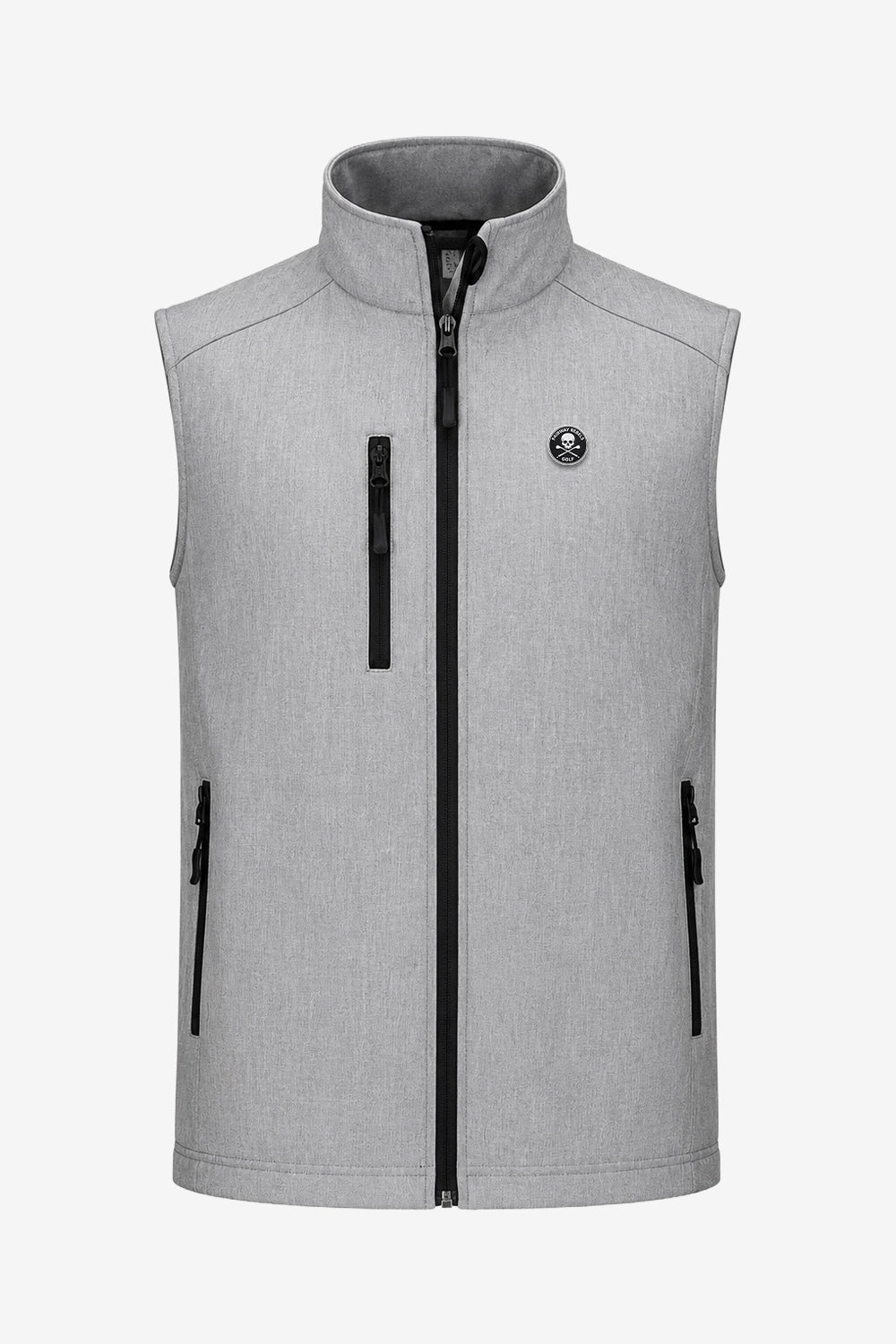 Gilet de golf sans manches déperlant gris clair, col montant, zips noirs, zip central.