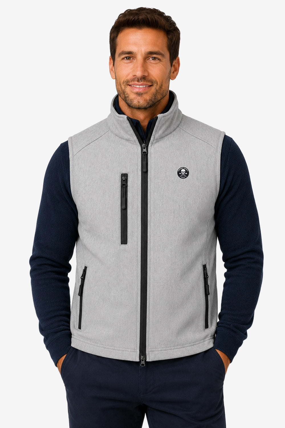 Gilet de golf sans manches déperlant gris clair, col montant, fermeture zippée et poches.