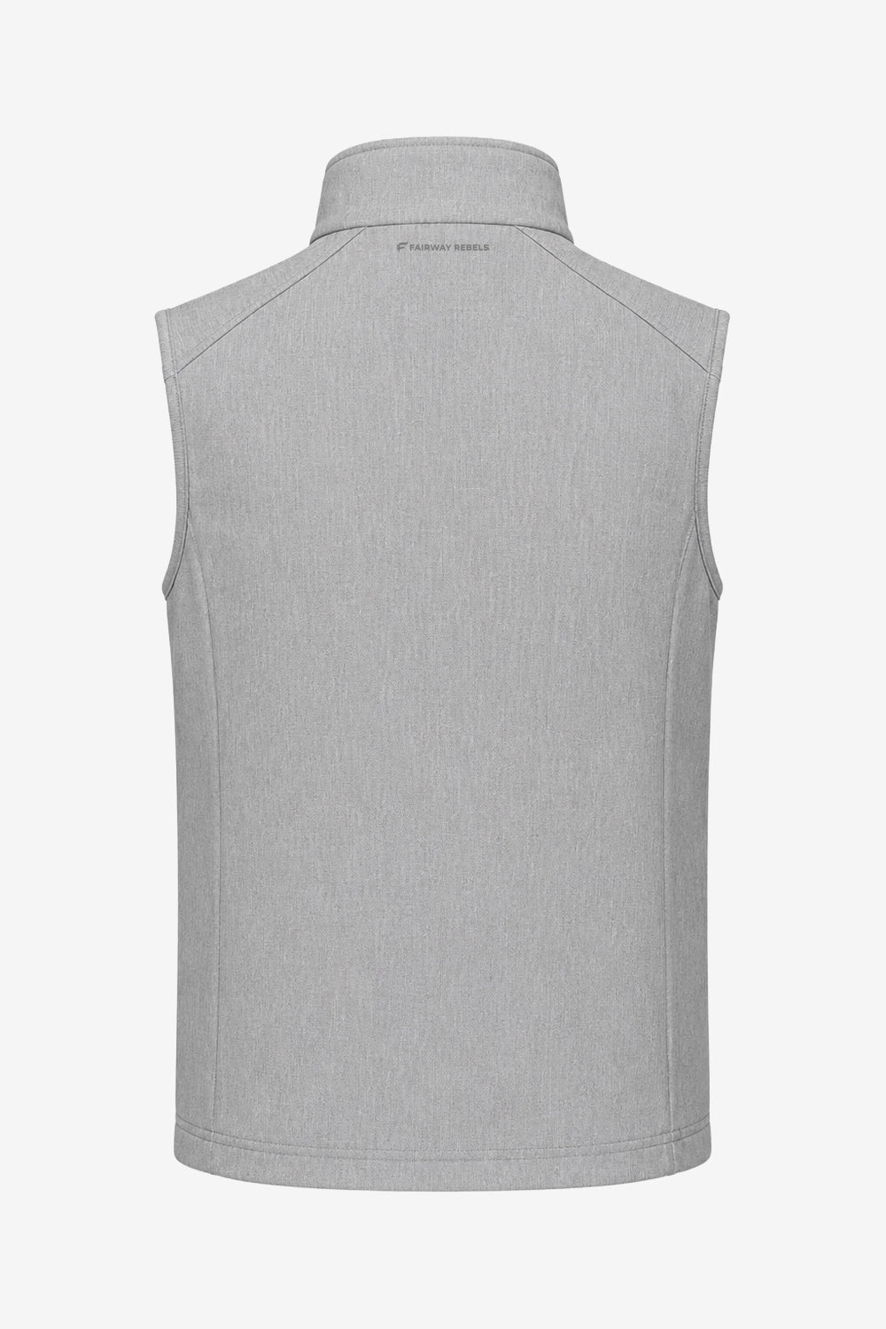 Gilet de golf sans manches déperlant gris clair, vue de dos, col montant discret.