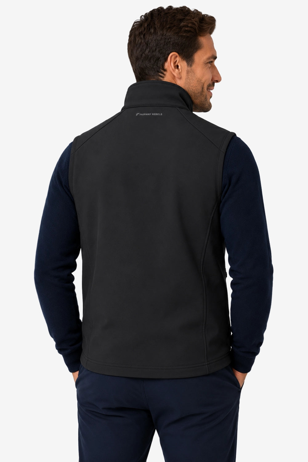 Gilet de golf sans manches déperlant bleu très foncé, vue de dos, col montant.
