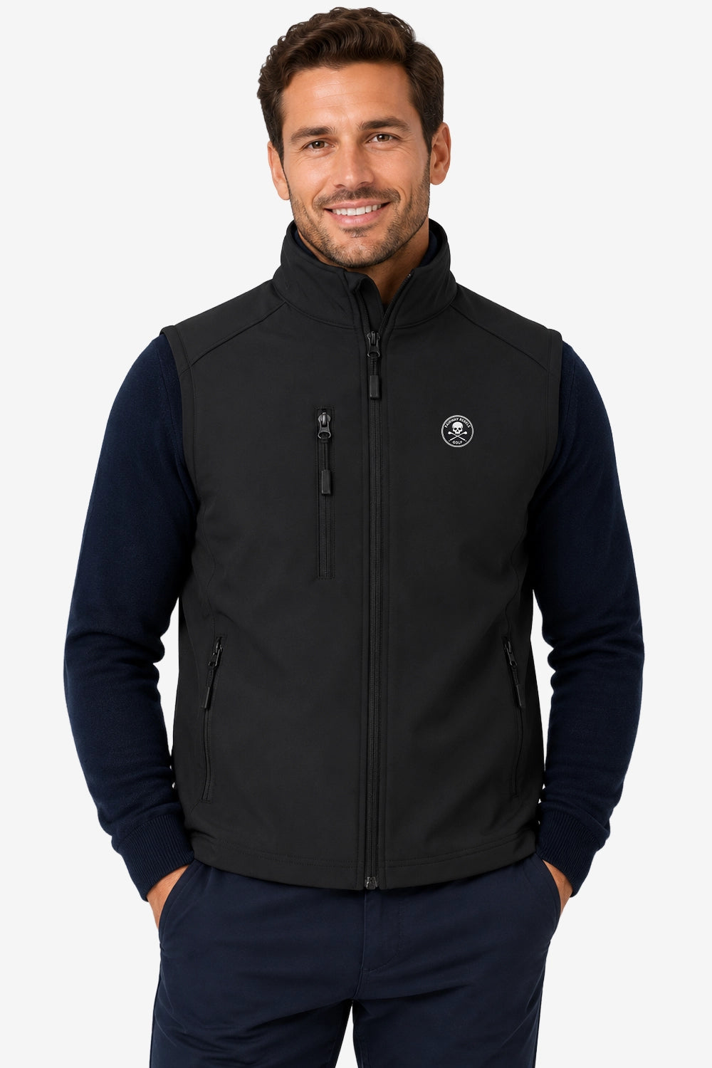 Gilet sans manches de golf noir déperlant, fermeture zippée, logo poitrine, poches zippées