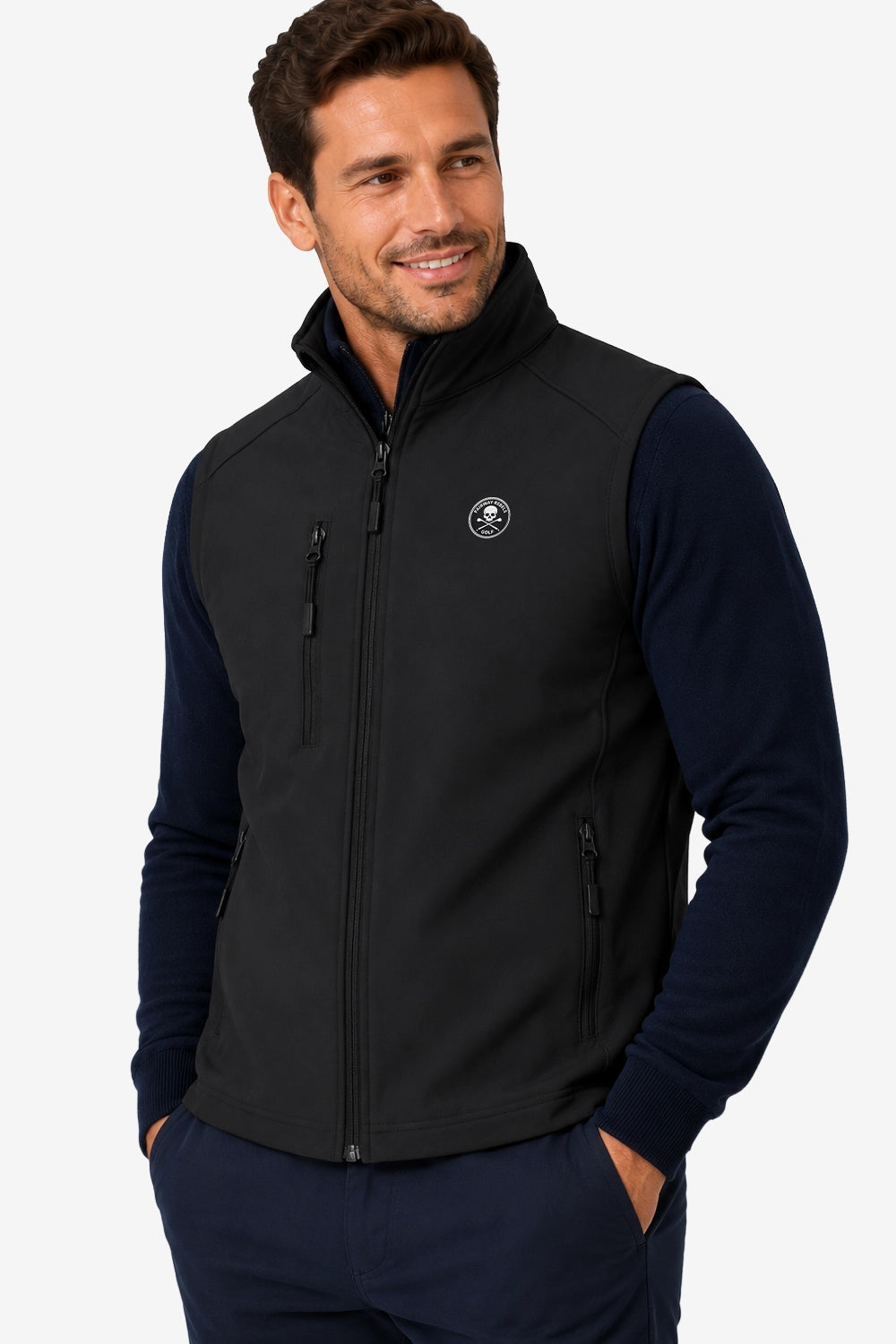 Gilet sans manches noir avec fermeture zippée, logo poitrine et poches zippées latérales
