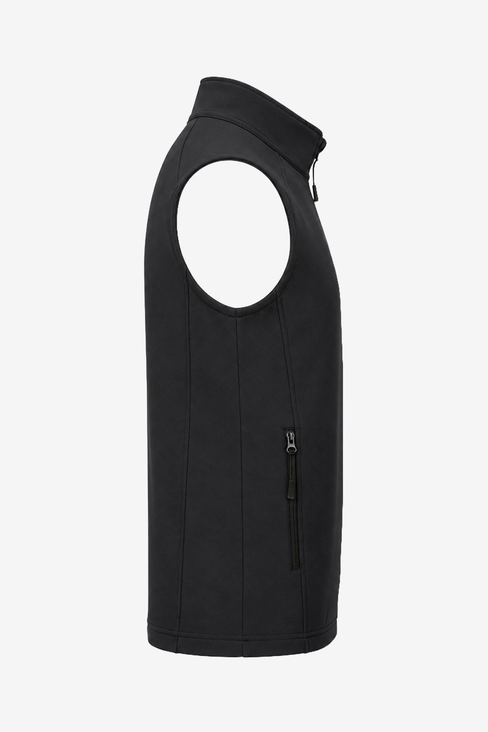 Gilet sans manches noir, vue de profil, poche verticale zippée et fermeture centrale