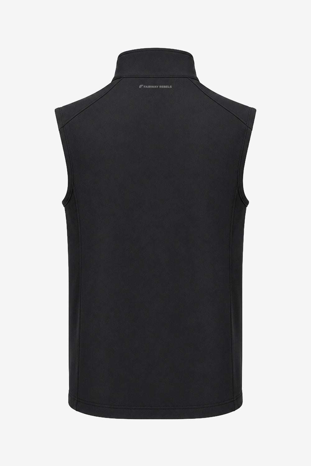 Gilet sans manches noir, vue arrière, col montant et couture centrale