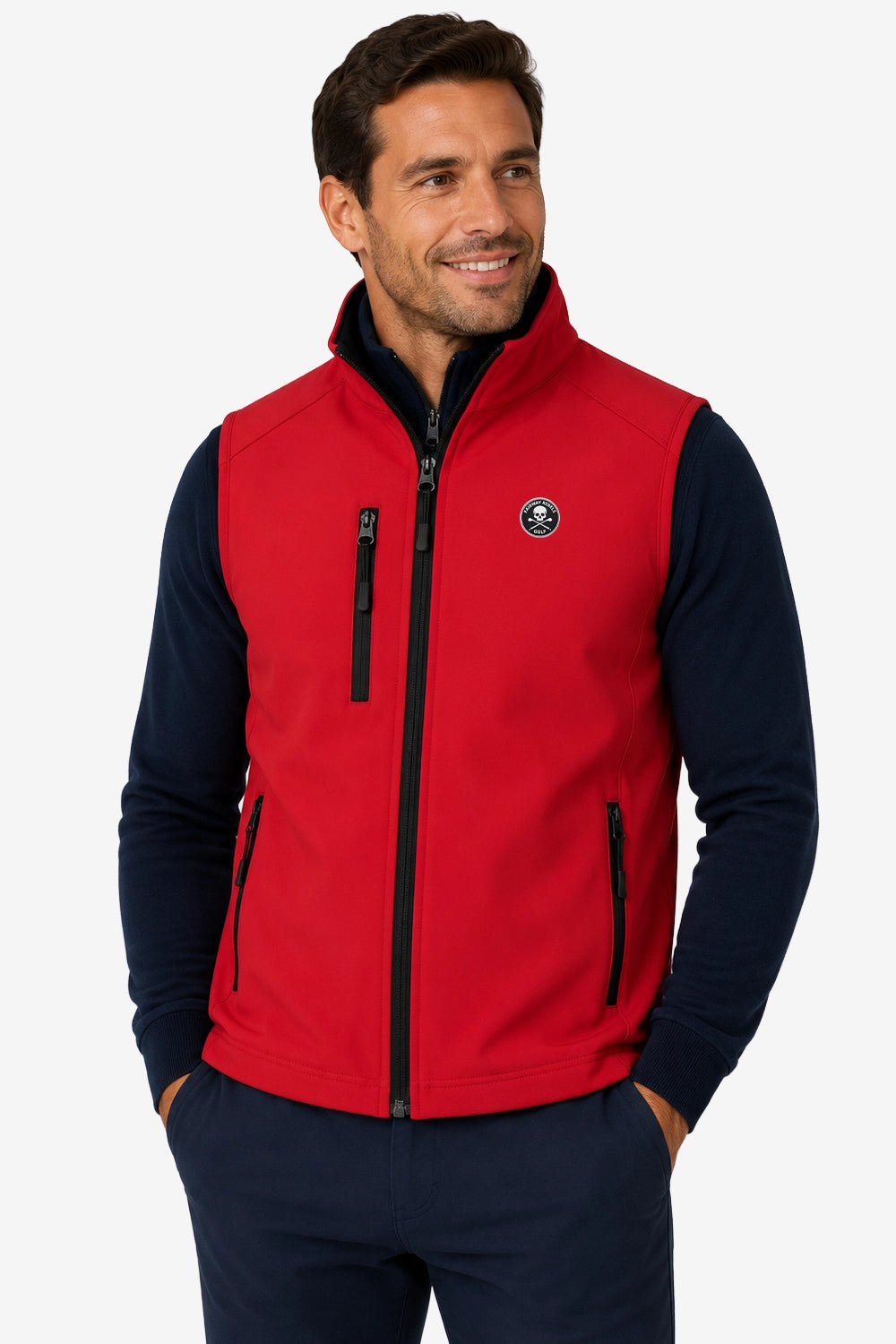 Gilet sans manches rouge déperlant, fermeture zippée, logo poitrine et poches zippées