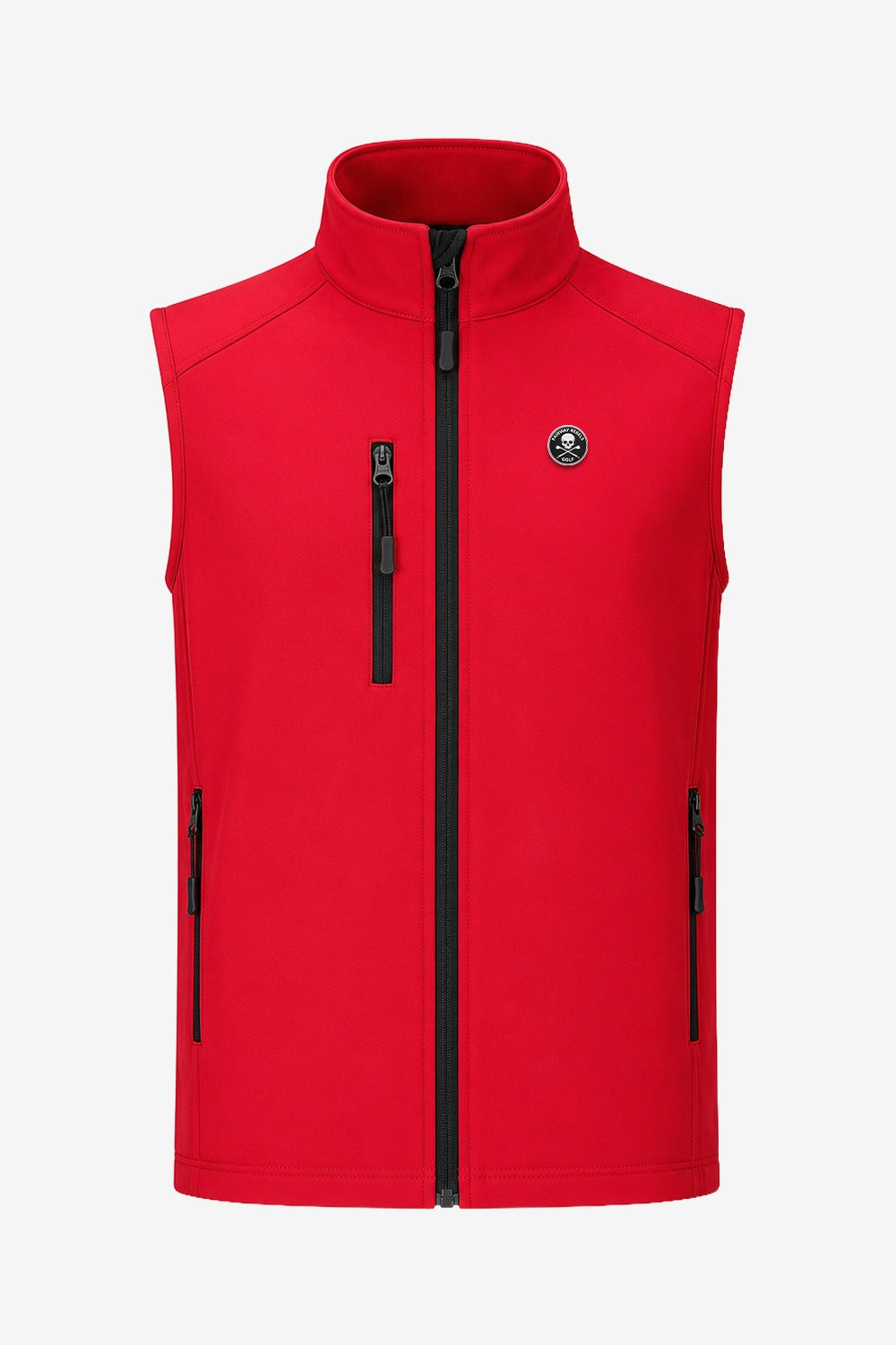 Veste sans manches déperlante rouge à fermeture zippée centrale et poches zippées.