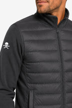 Détail veste de golf gris foncé, piqûres matelassées et zip central