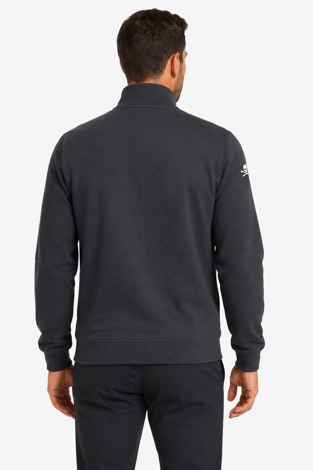 Veste de golf gris foncé, vue de dos, col montant et bas côtelé