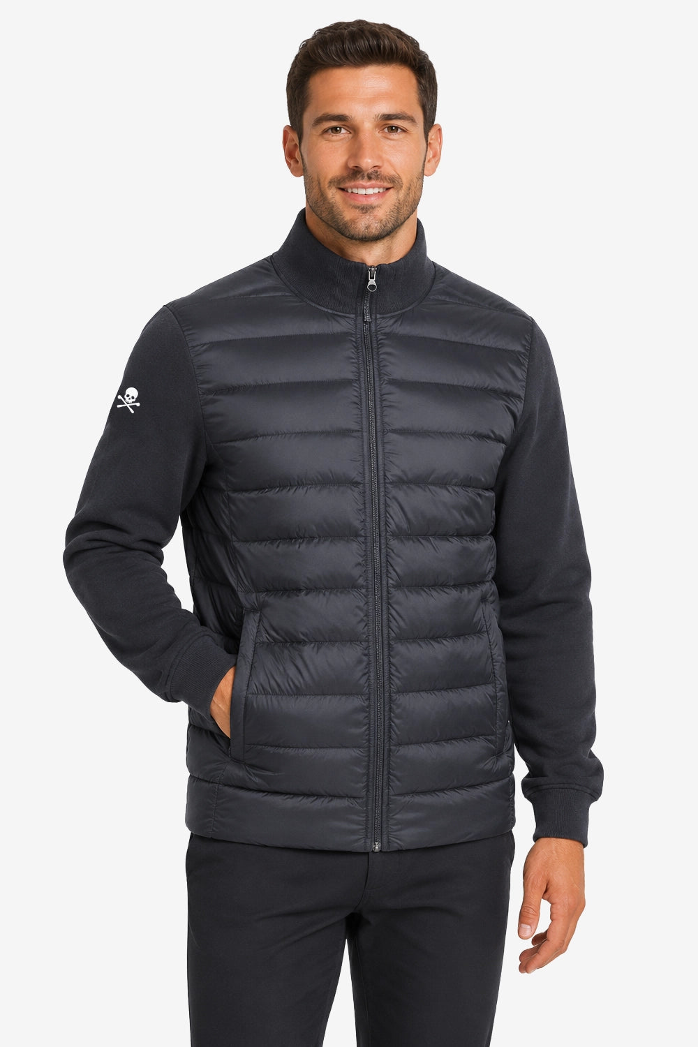Veste de golf gris foncé, vue de face, logo sur l’épaule, zip central