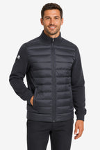 Veste de golf gris foncé, vue de face, logo sur l’épaule, zip central