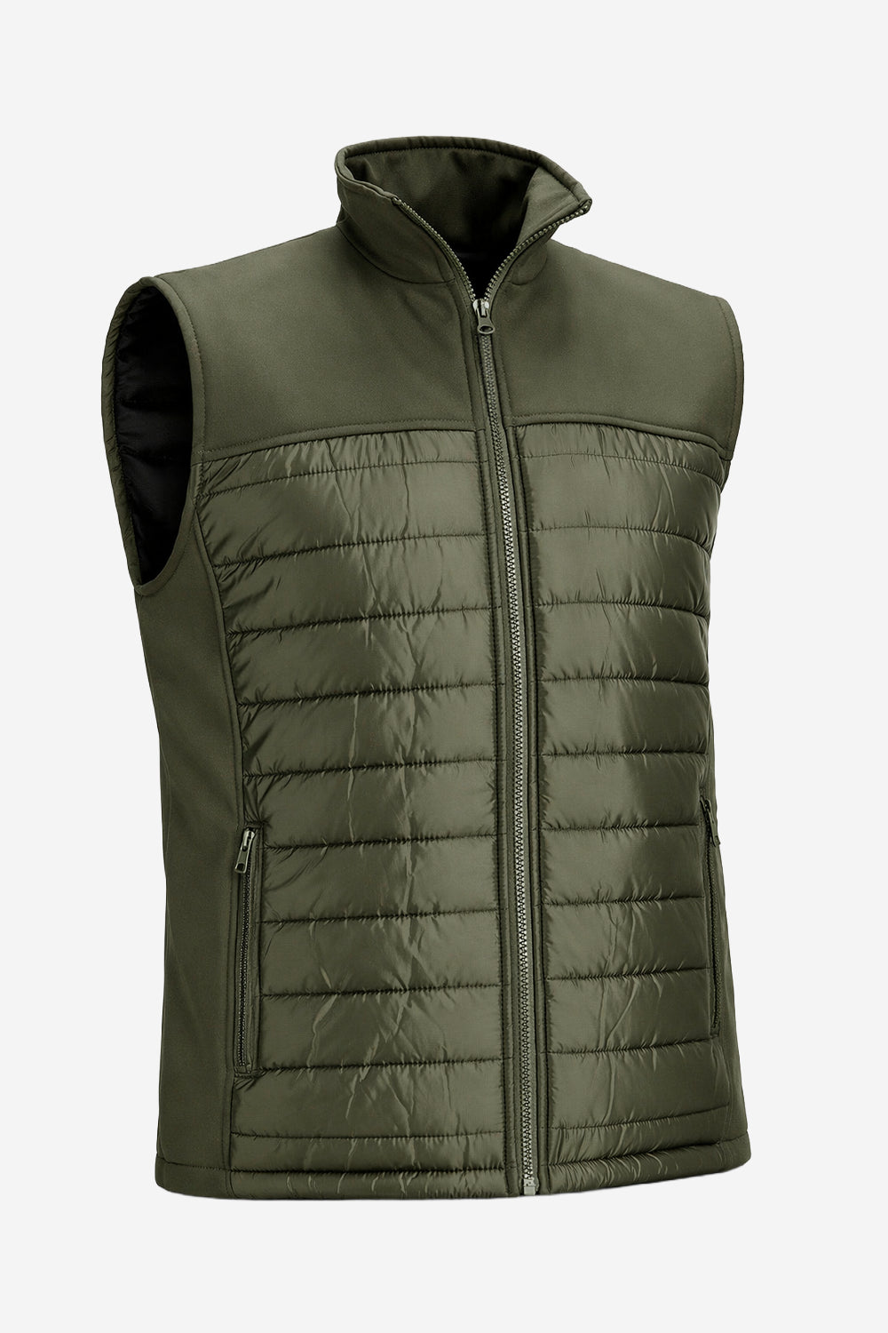 Veste de golf bi-matière homme vert foncé sans manches matelassée, zip et col montant