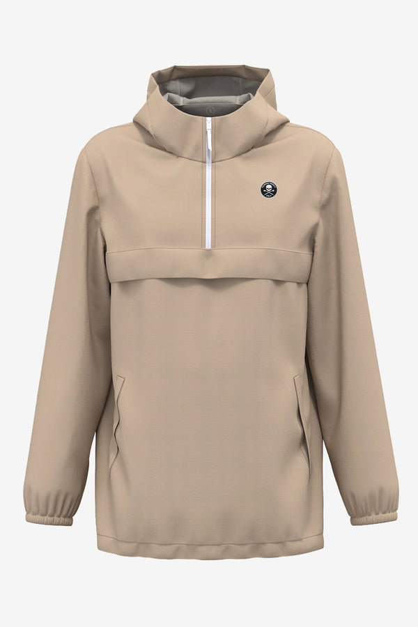 Veste de golf imperméable coupe-vent beige, zip au centre et écusson poitrine
