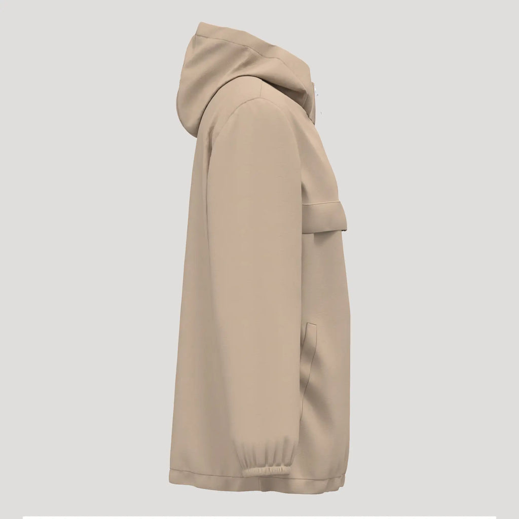 Veste de golf femme beige, coupe-vent et imperméable, vue de côté avec capuche