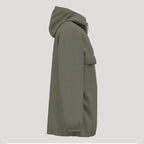 Veste de golf femme kaki imperméable à capuche vue de côté, coupe-vent technique.