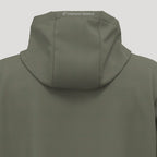 Dos d'une veste de golf femme kaki, coupe-vent et imperméable avec capuche.