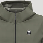 Veste de golf femme kaki coupe-vent imperméable avec capuche et logo rond sur la poitrine.
