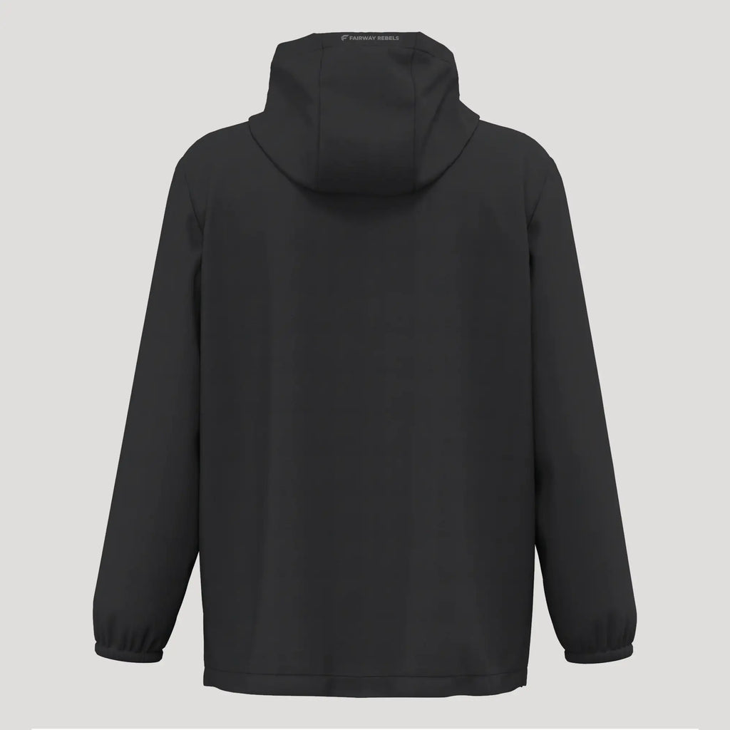 Veste de golf femme noire, coupe-vent et imperméable, vue de dos, capuche visible