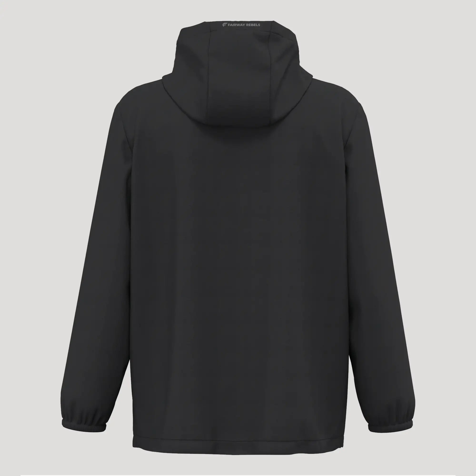 Veste de golf femme noire, coupe-vent et imperméable, vue de dos, capuche visible