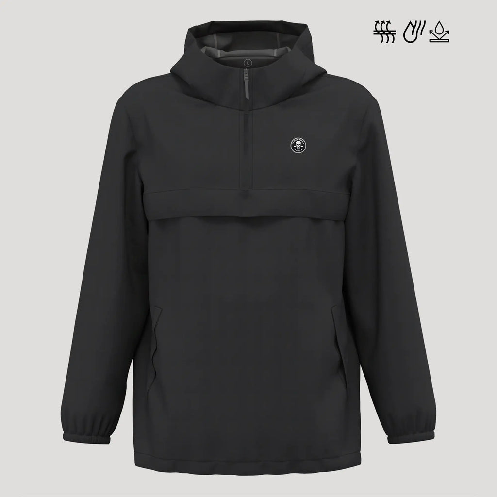 Veste de golf femme noire, coupe-vent et imperméable, capuche, logo discret, vue de face.
