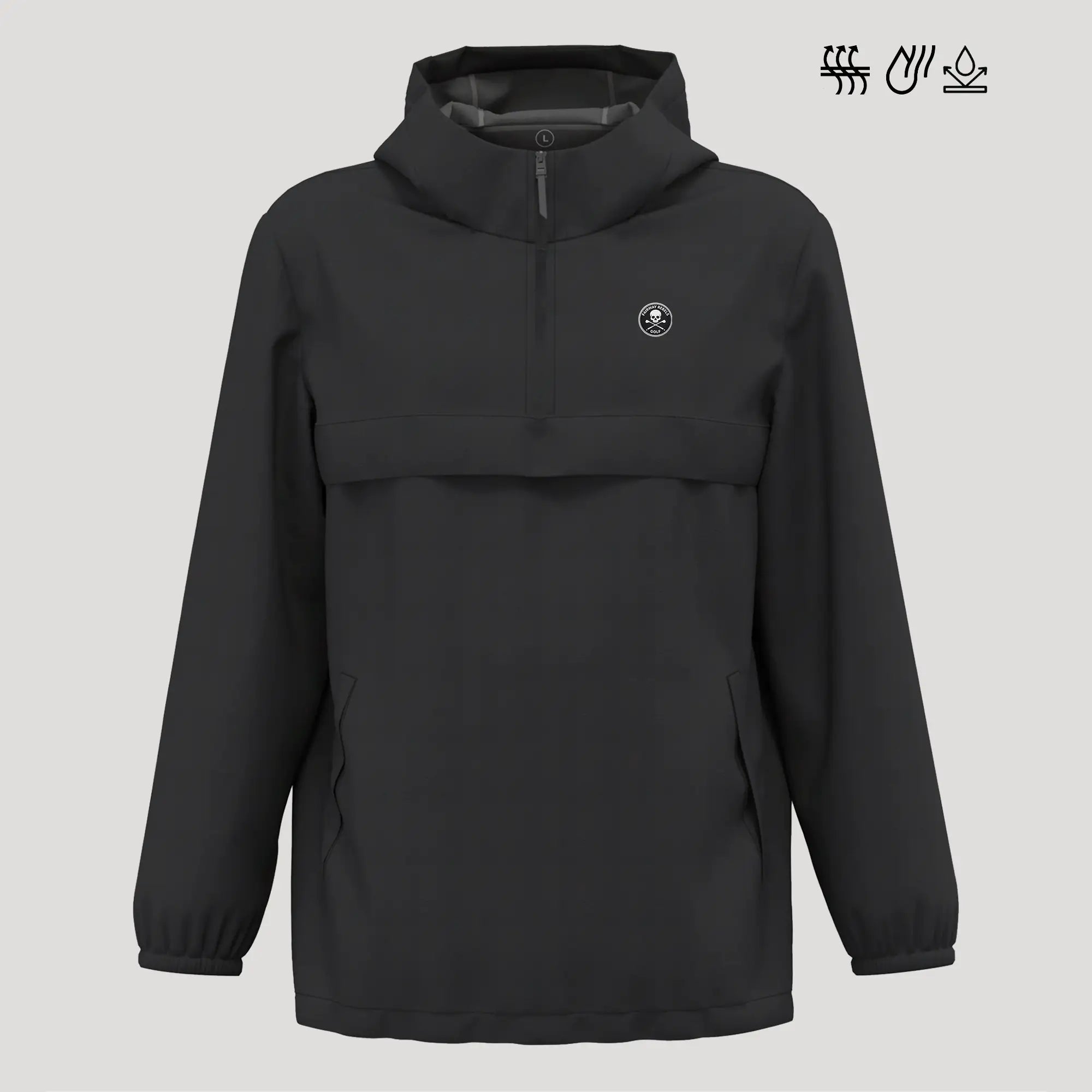 Veste de golf femme noire, coupe-vent et imperméable, capuche, logo discret, vue de face.