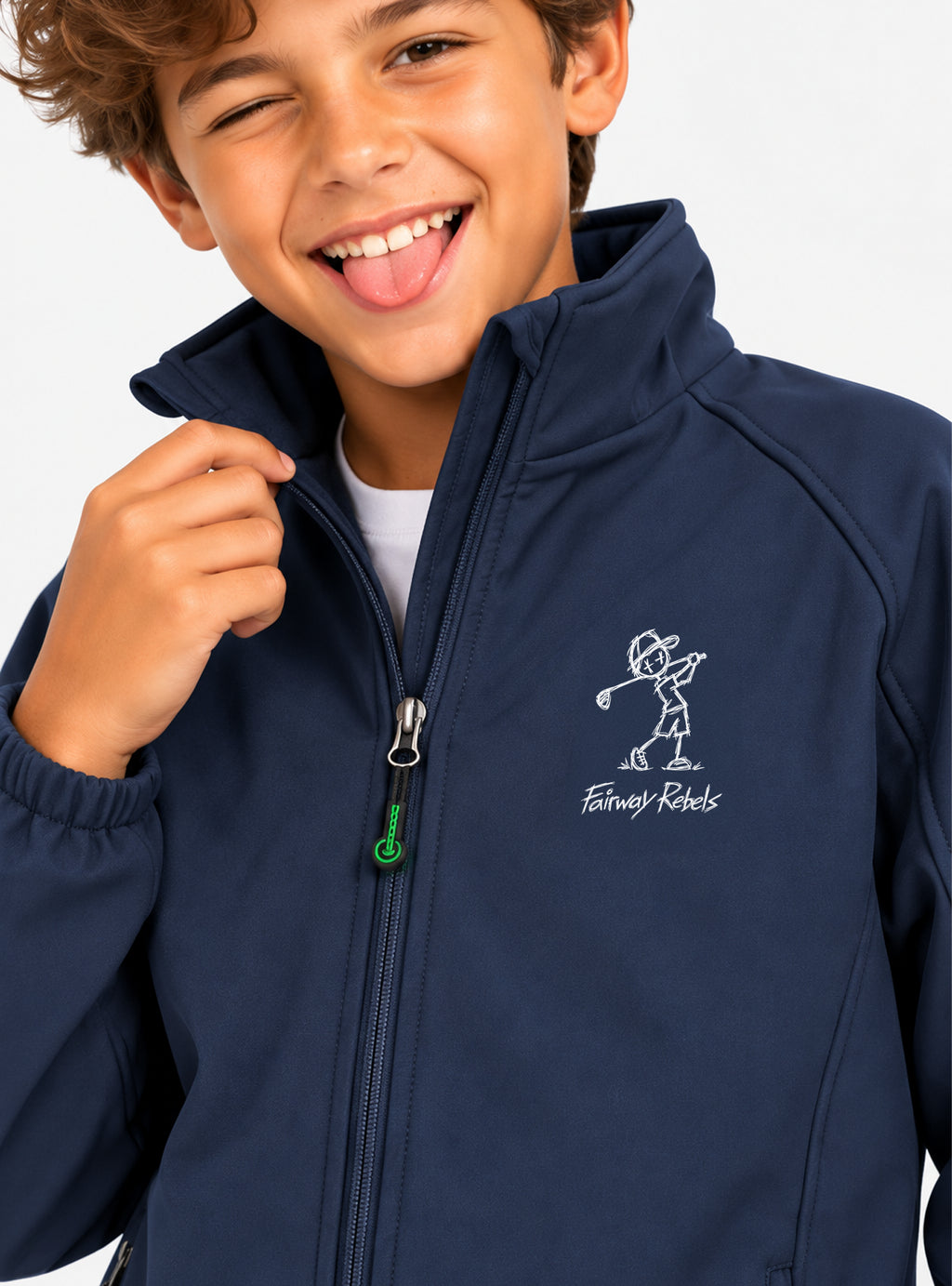 Veste de pluie garçon bleu marine, fermeture éclair avec tirette verte, logo brodé.