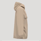 Veste de golf homme beige, coupe-vent et imperméable, vue de côté, capuche et poches.