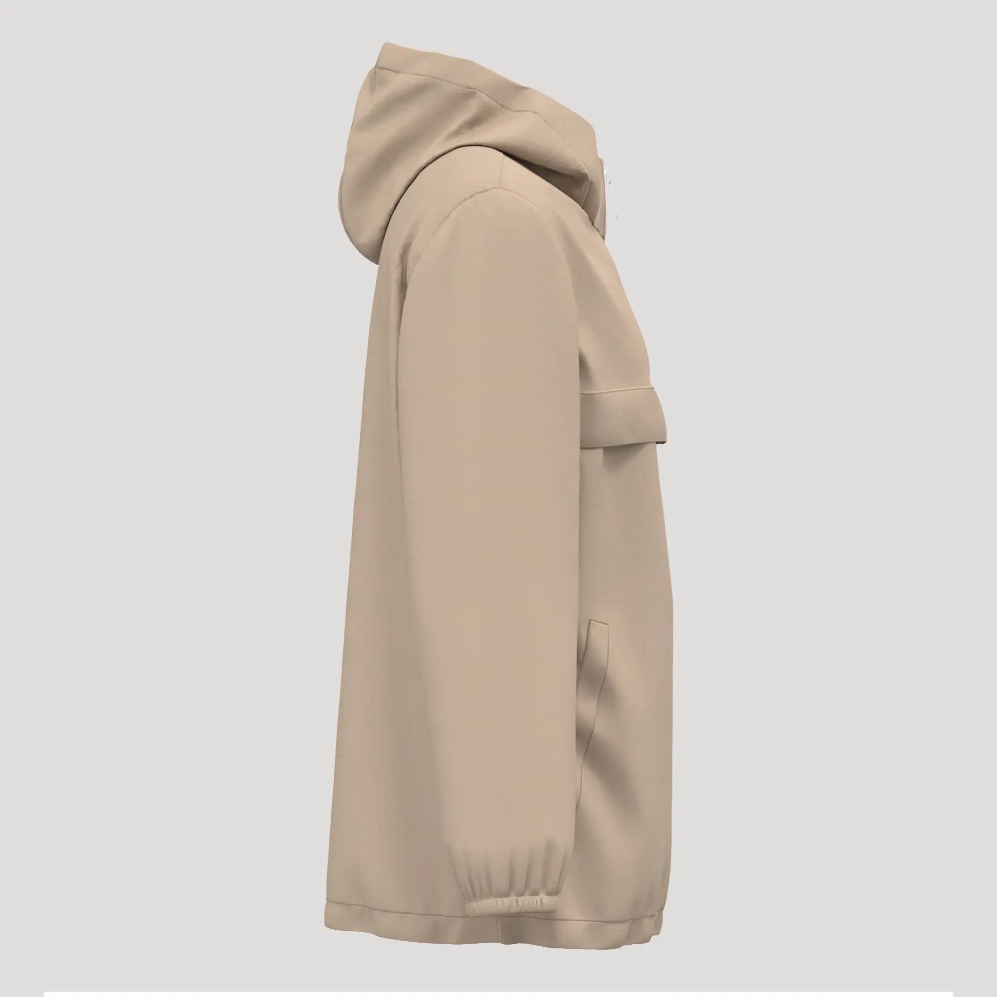 Veste de golf homme beige, coupe-vent et imperméable, vue de côté, capuche et poches.