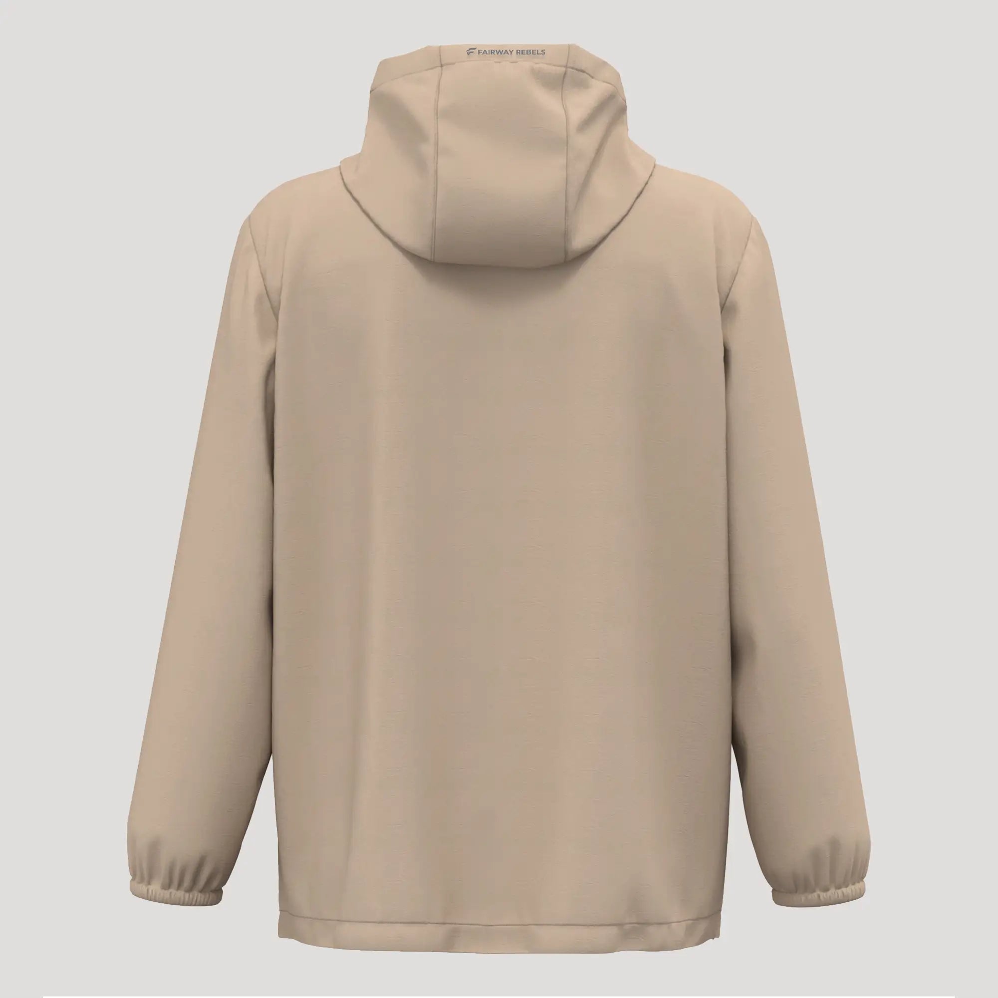 Veste de golf homme beige, imperméable, vue de dos avec capuche et manches longues.