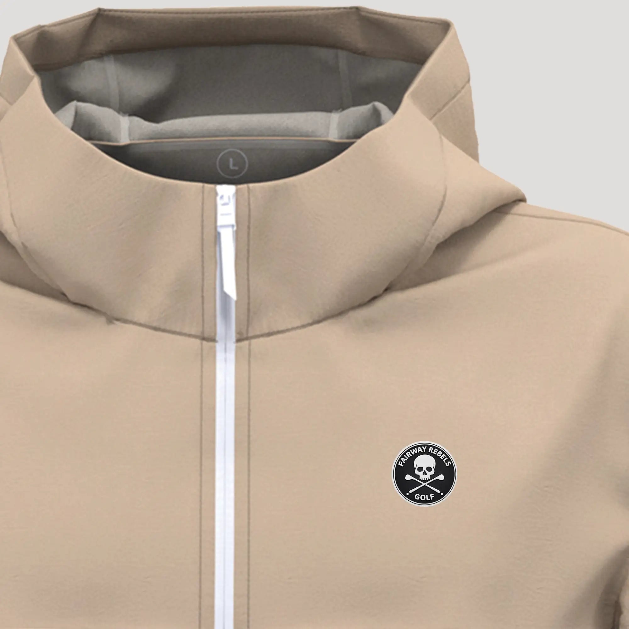 Veste de golf homme beige imperméable et coupe-vent, logo sur la poitrine, fermeture éclair blanche