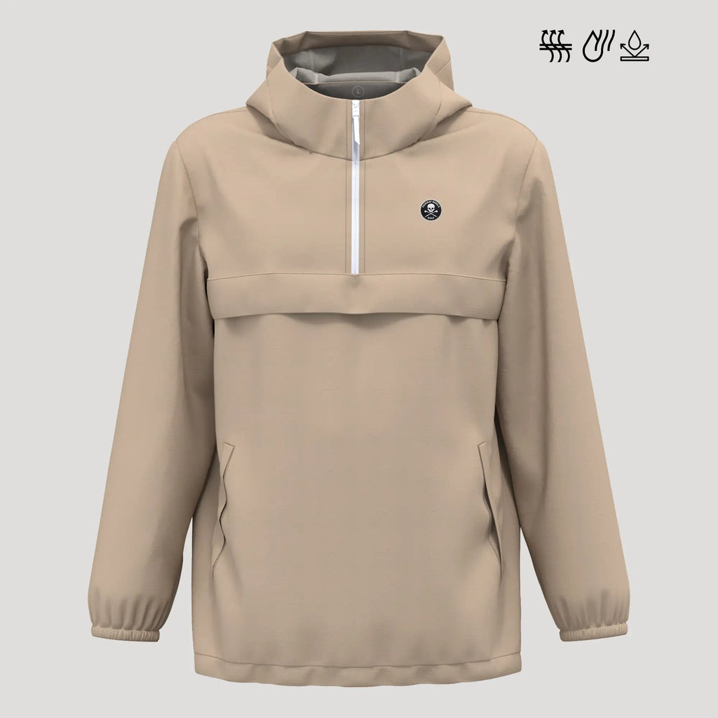 Veste de golf homme beige, imperméable, coupe-vent, à capuche et demi-zip.
