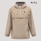 Veste de golf homme beige, imperméable, coupe-vent, à capuche et demi-zip.