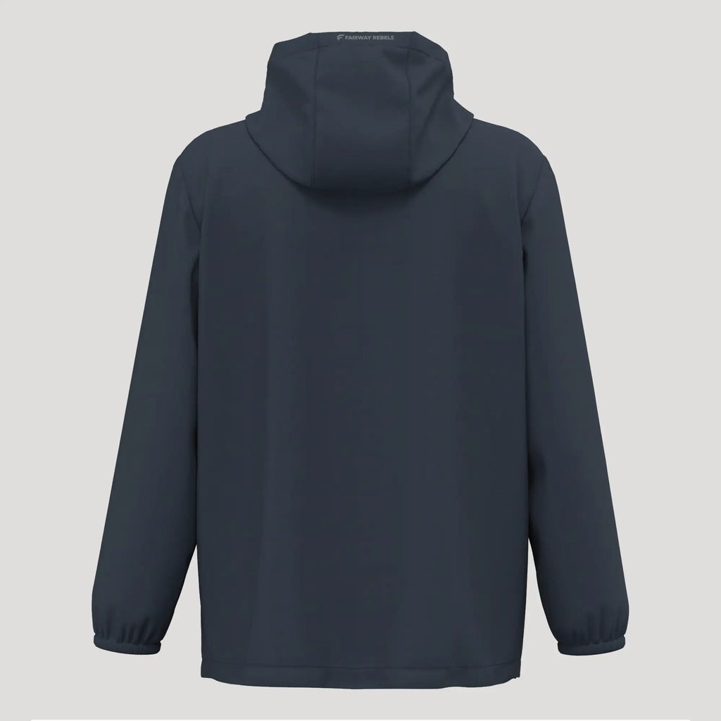 Veste de golf homme bleu marine, coupe-vent et imperméable, vue dos avec capuche.