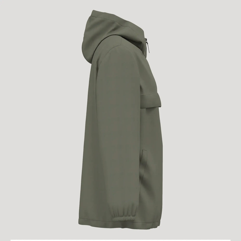 Veste de golf homme kaki, imperméable, coupe-vent, vue de côté avec capuche.