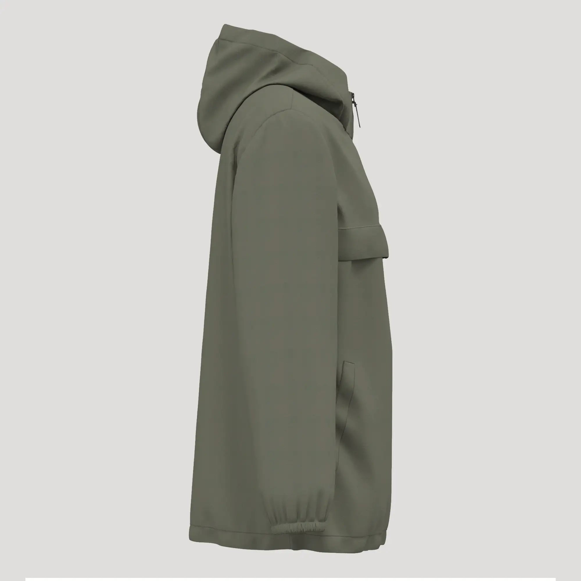 Veste de golf homme kaki, imperméable, coupe-vent, vue de côté avec capuche.