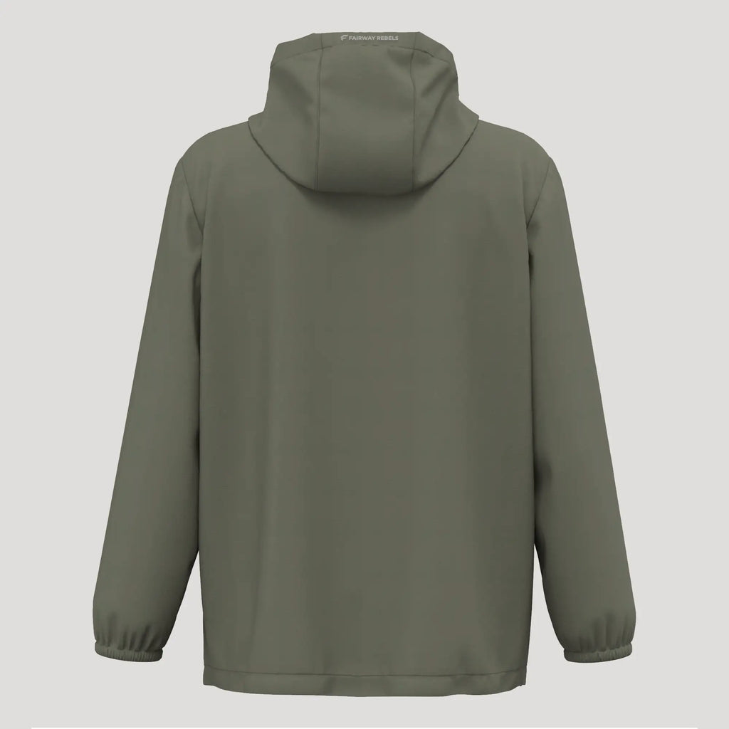 dos d’une veste coupe-vent imperméable kaki pour homme, capuche visible, style golf