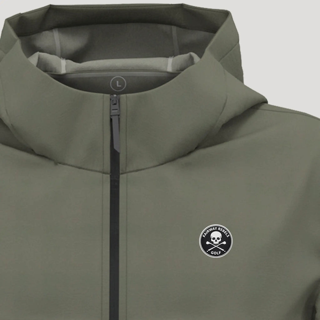 Veste de golf homme kaki, coupe-vent et imperméable, logo rond sur la poitrine.