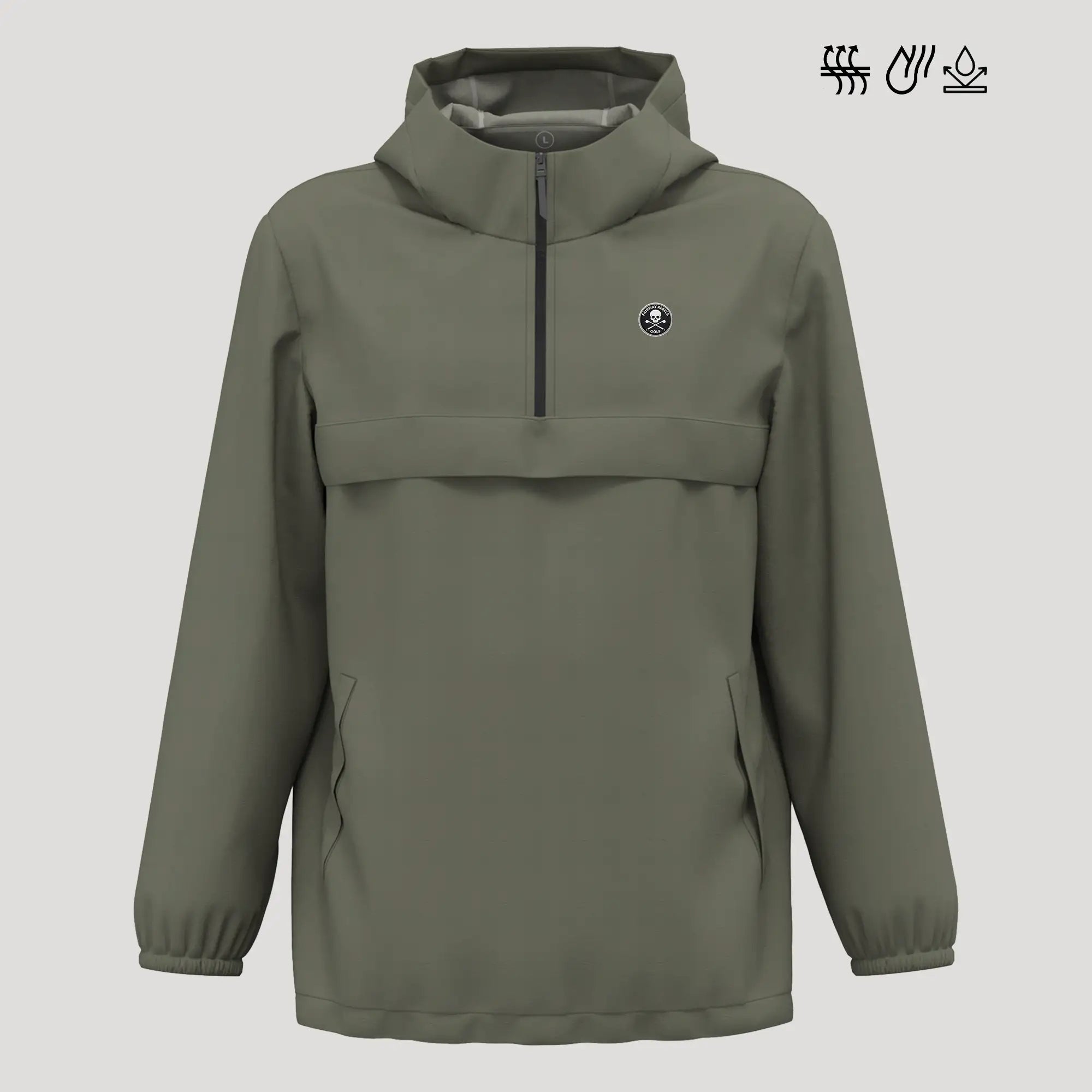 Veste de golf homme kaki imperméable coupe-vent, capuche et fermeture zippée.
