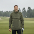 Homme portant une veste de golf imperméable kaki sur un parcours sous la pluie