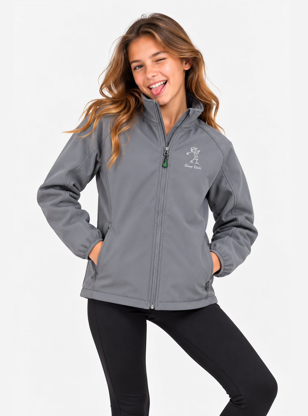 Veste de pluie grise fille, zip, col montant et broderie golf sur le devant