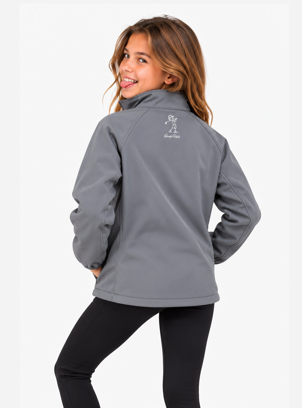 Veste de pluie grise fille vue dos, fermeture zippée et col montant