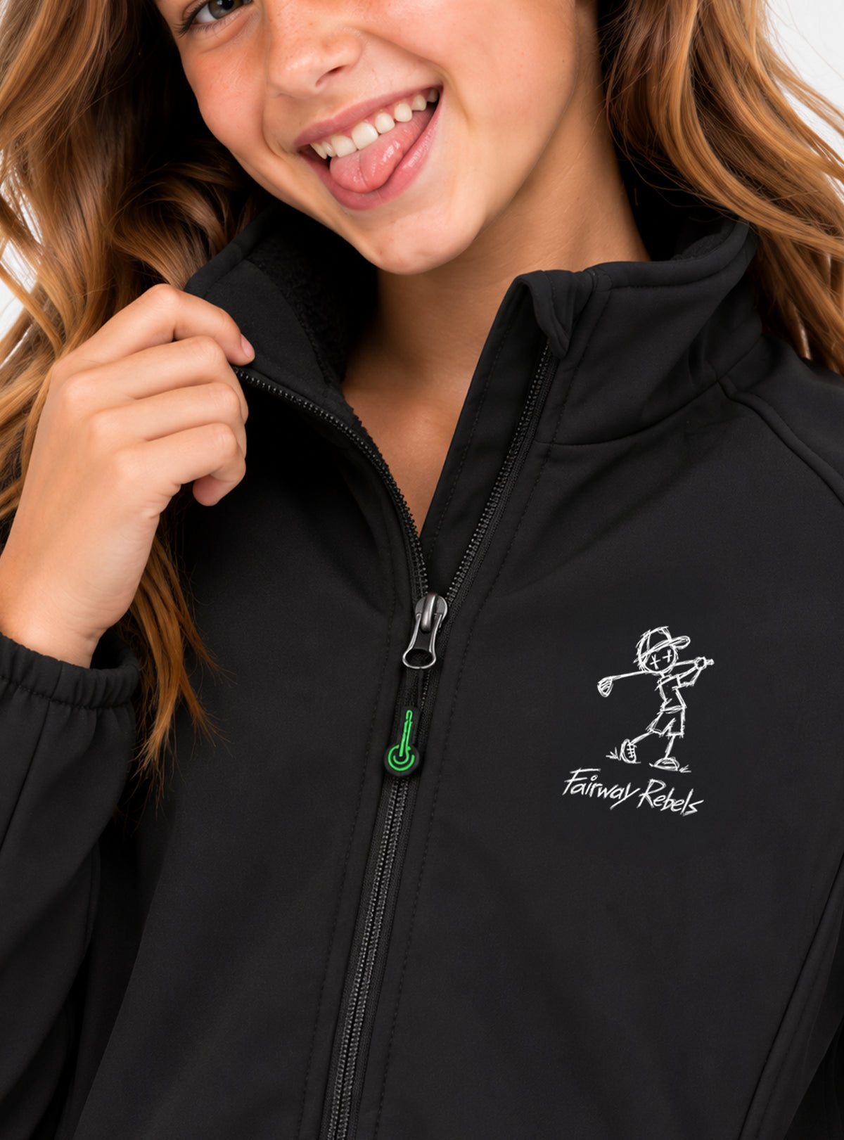 Veste de pluie noire : zip central vert et logo sur la poitrine