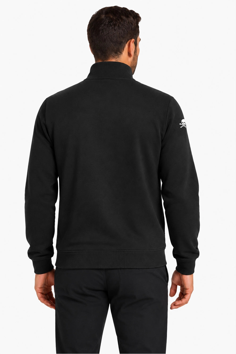 Veste de golf pour homme noire vue de dos, col montant et zip central.