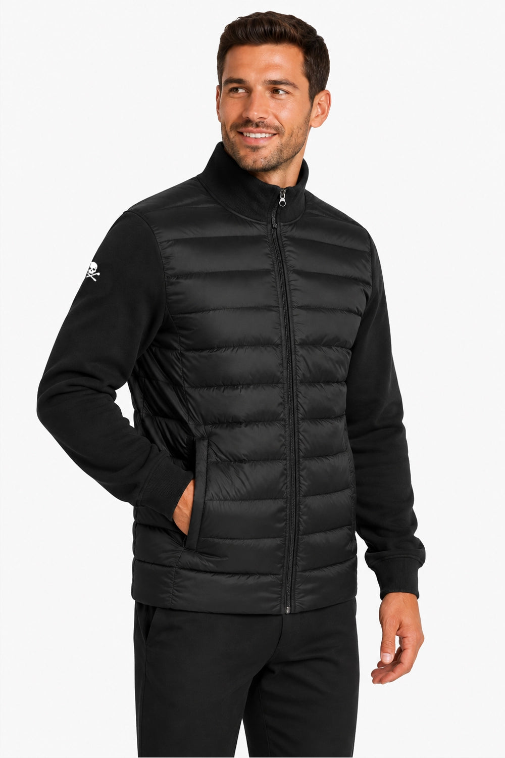 Veste de golf pour homme noire matelassée, manches longues et zip intégral.
