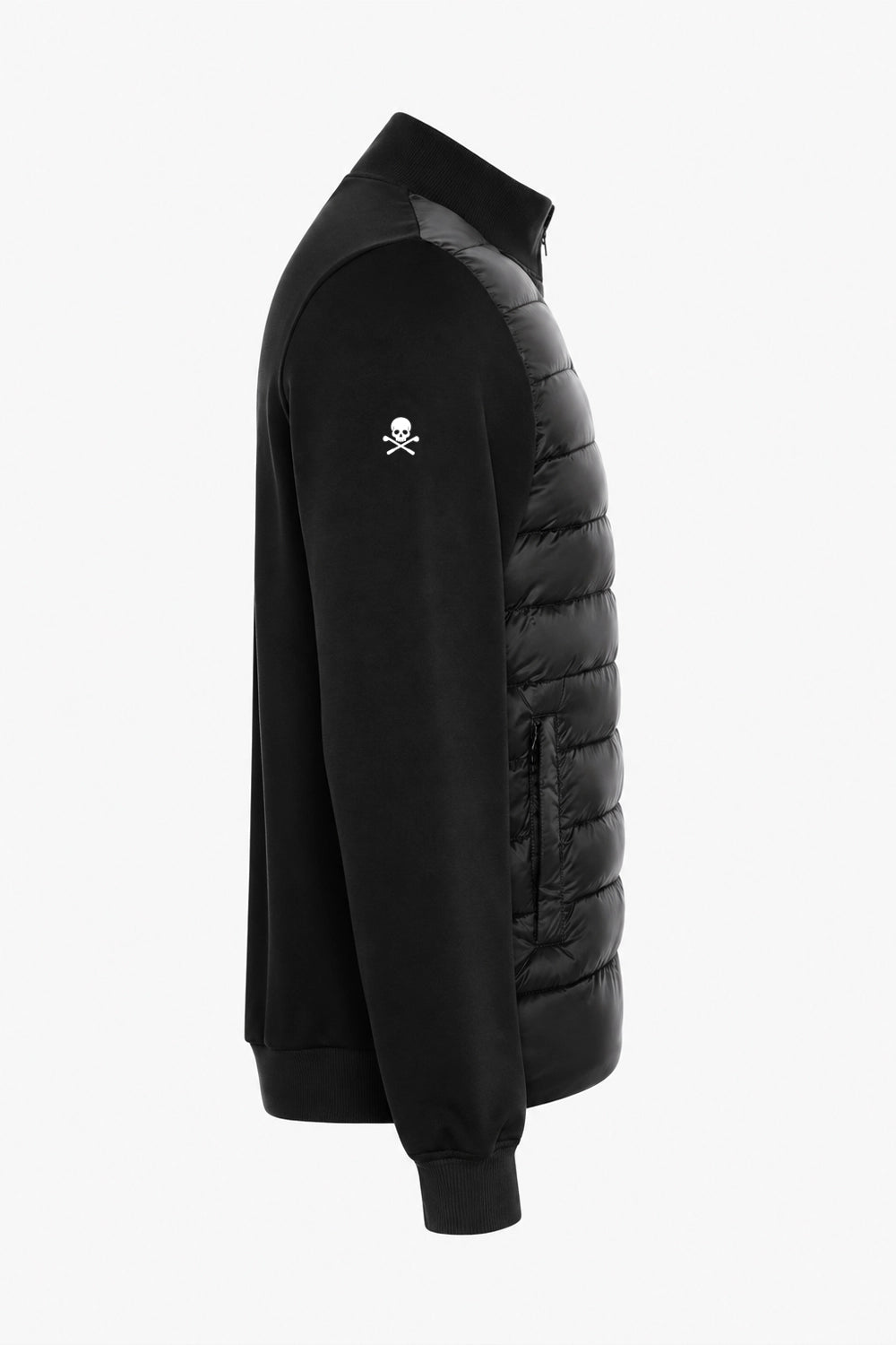 Veste de golf pour homme noire, coupe latérale avec logo au niveau de la manche.