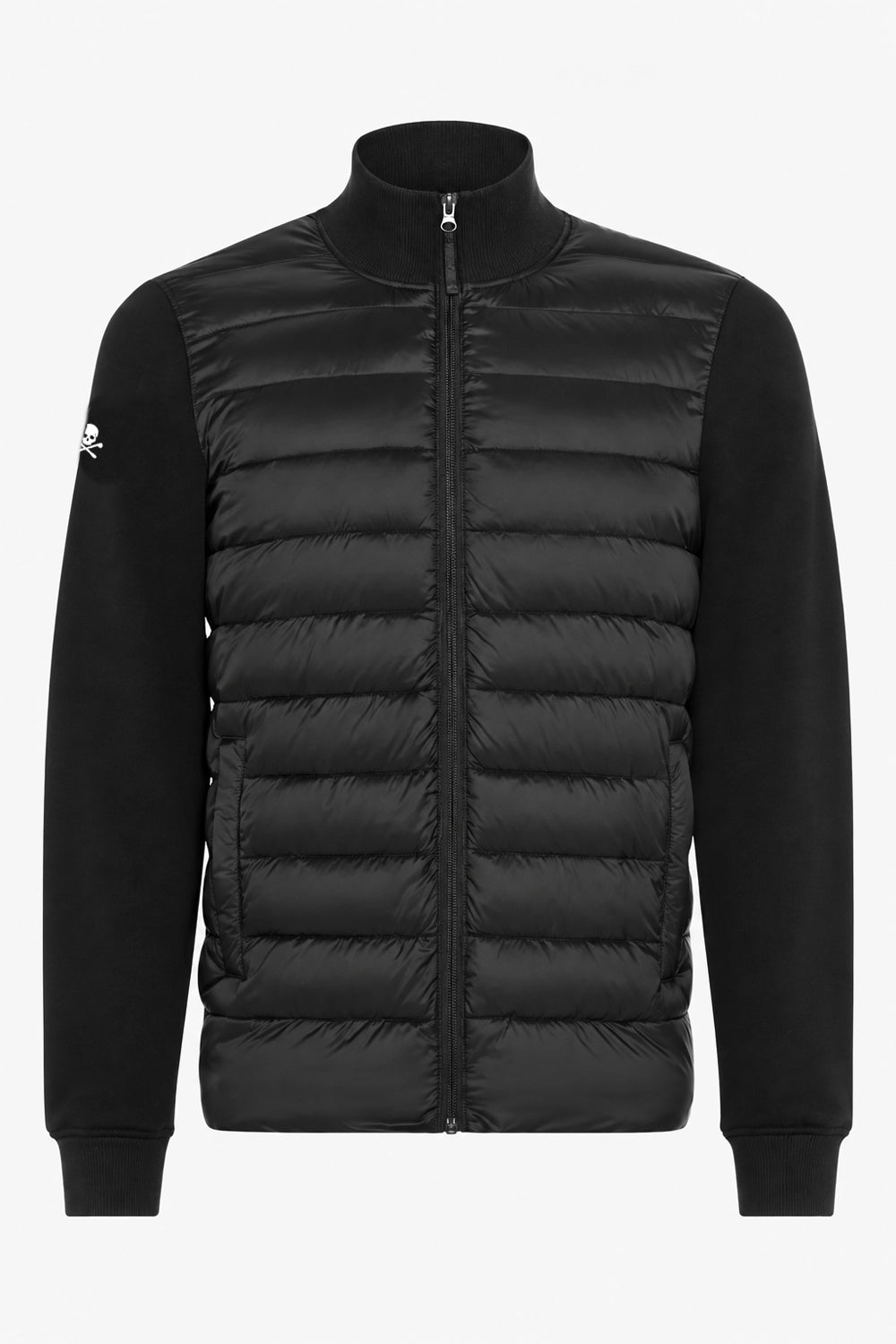 Veste de golf pour homme noire matelassée, col montant et zip au centre.