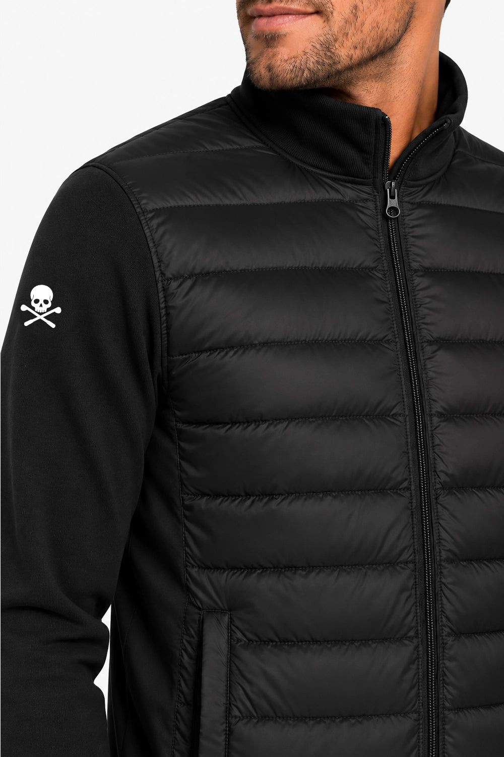 Veste de golf pour homme noire : détail du matelassage et du zip.