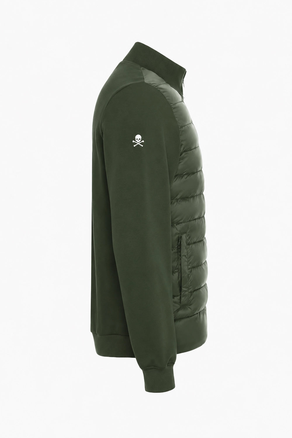 Veste de golf pour homme verte, matelassée côté, col montant et logo sur la manche.