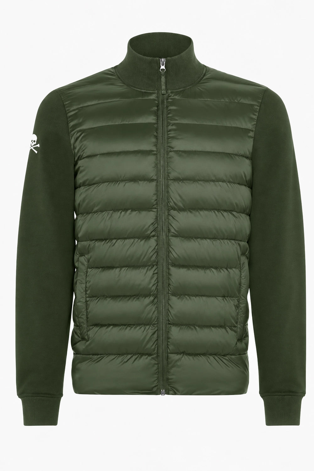 Veste de golf pour homme verte matelassée, col montant et fermeture zippée.