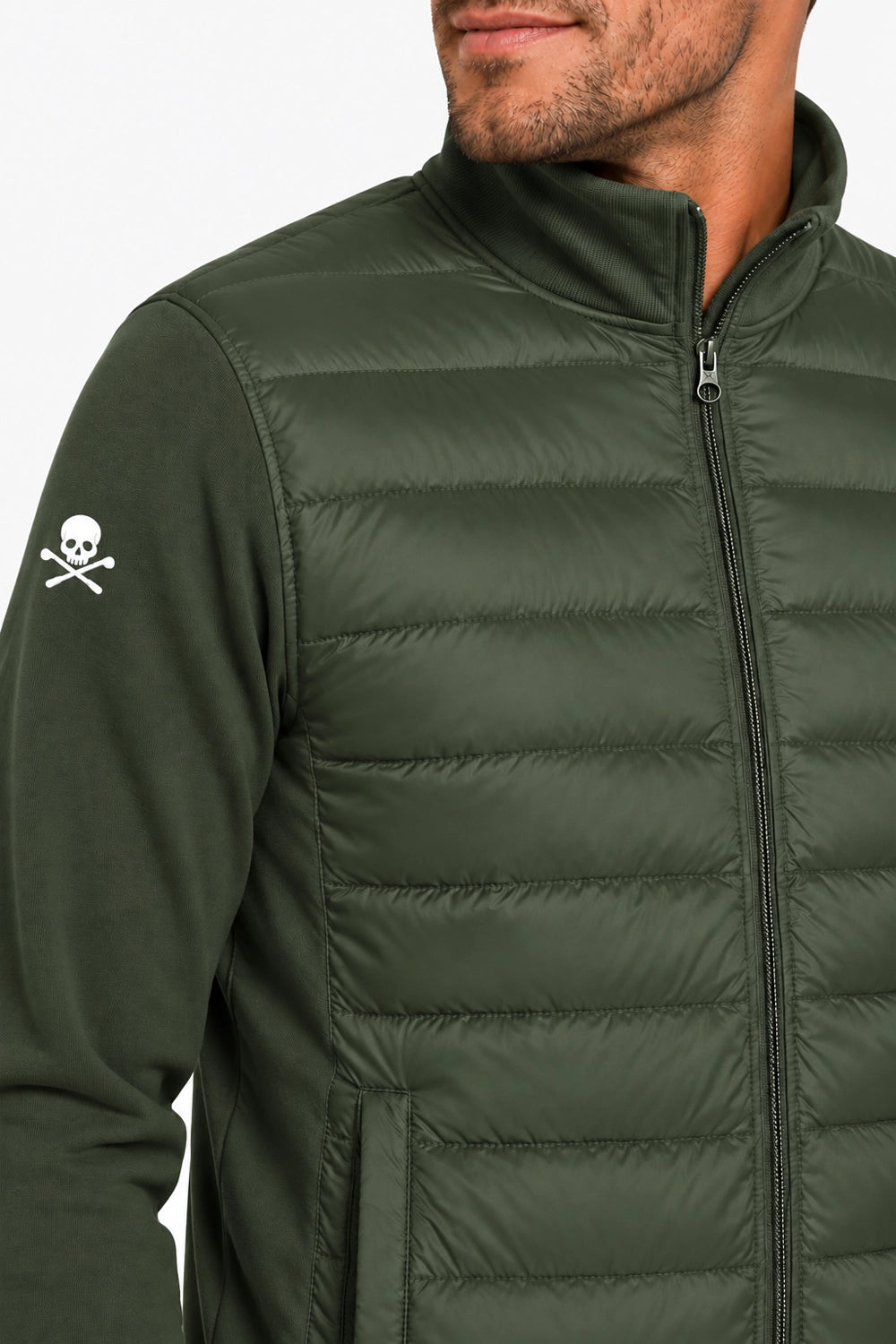 Veste de golf homme vert foncé, matelassée devant, fermeture éclair, logo sur manche