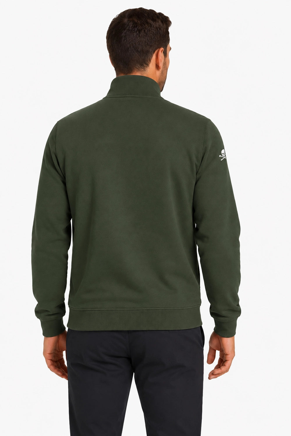 Veste de golf homme vert foncé, vue dos, manches en maille et bordures côtelées
